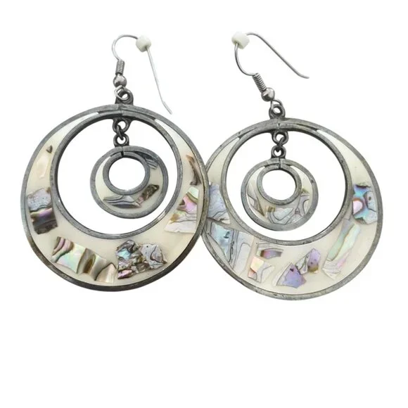 Taxco Alpaca Drop earrings Enamel Abalone chips Round geometric Mexico  VTG - Picture 2 of 6